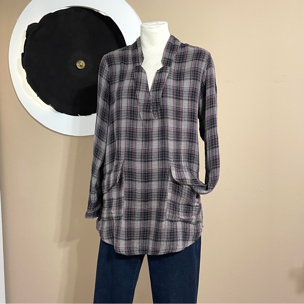 Natural Life Plaid Cotton Tunic Shirt | Women’s Medium |Bladk Gray V-Neck Top